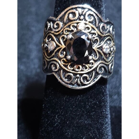 Vintage-Inspired Sterling Silver & Gold-Plated Scrollwork Ring  Sz 6 With Black - Picture 8 of 11